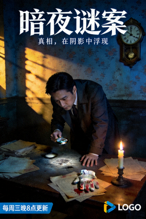 悬疑剧《暗夜谜案》海报 - 侦探在昏暗房间调查线索